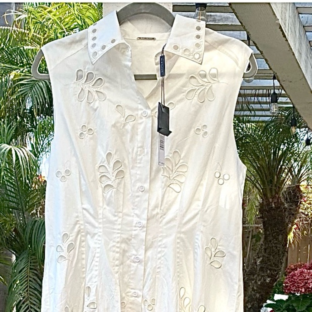 Brand New Elie Tahari 100% Cotton Midi Dress Eyelet Design Size L Retail $425